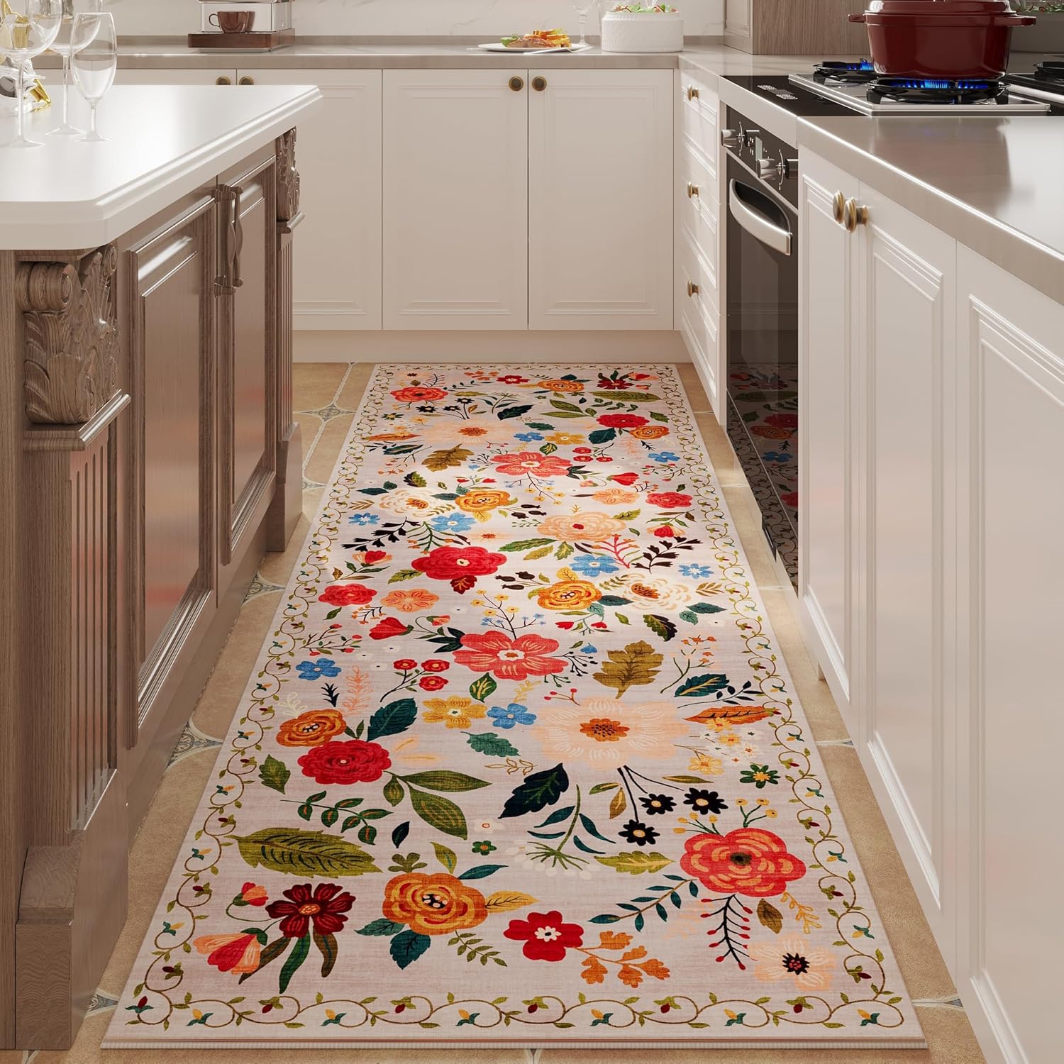 Commercial Kitchen Background - Tapete Vintage Floral Bege com Padrão